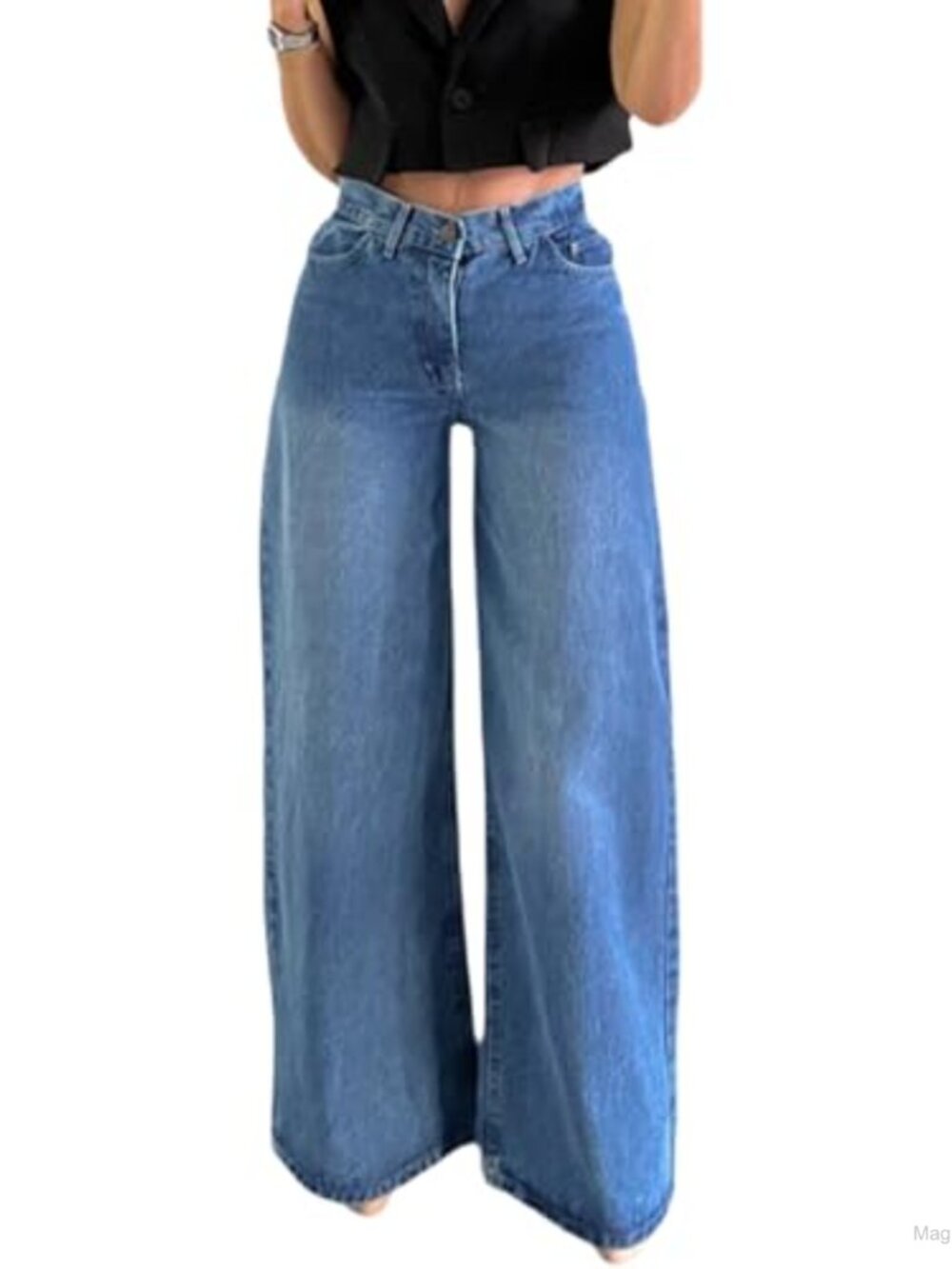 Women's High Waist Stretch Wide Leg Baggy Straight Denim Jeans
